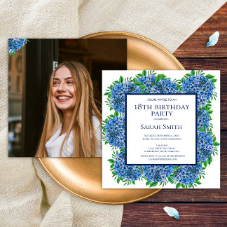18. Geburtstag Light Blue Hydrangeas Foto Party Einladung