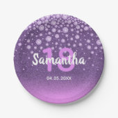 18. Geburtstag lila rosa Glitzer Pappteller (Vorderseite)