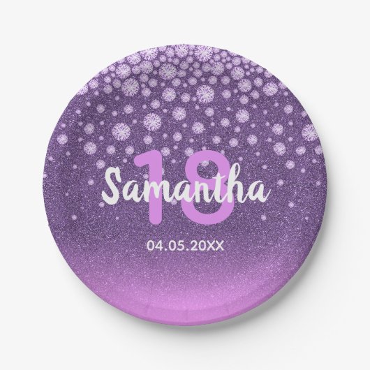 18. Geburtstag lila rosa Glitzer Pappteller (Vorderseite)