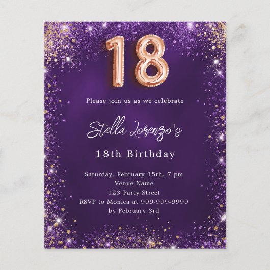 18. Geburtstag lila Rose Goldeinladung (Vorderseite)