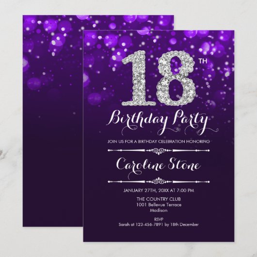 18. Geburtstag - Lila Silber Einladung (Vorne/Hinten)
