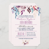 18. Geburtstag Lila & Türkis Aquarell Blume Einladung (Vorne/Hinten)