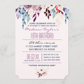 18. Geburtstag Lila & Türkis Aquarell Blume Einladung