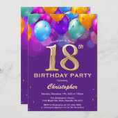 18. Geburtstag Lila und goldene Ballons Einladung (Vorne/Hinten)