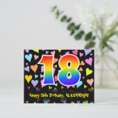 18. Geburtstag: Lustiges Herzen-Muster, Regenbogen Postkarte (Stehend Vorderseite)