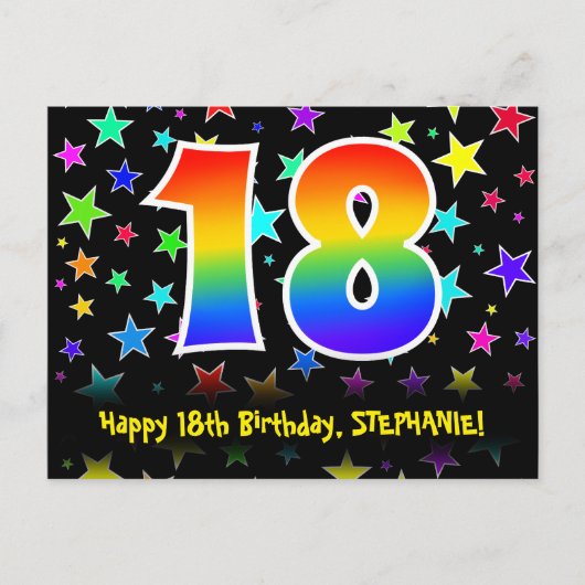 18. Geburtstag: Lustiges Sterne-Muster, Regenbogen Postkarte (Vorderseite)