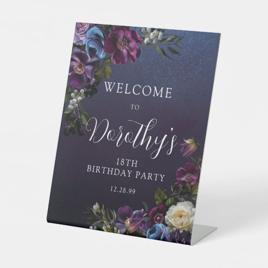18. Geburtstag Moody Purple Blumen Custom Willkomm Sockelschild (Vorderseite)