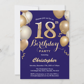 18. Geburtstag Navy Blue und Gold Balloons Confett Einladung