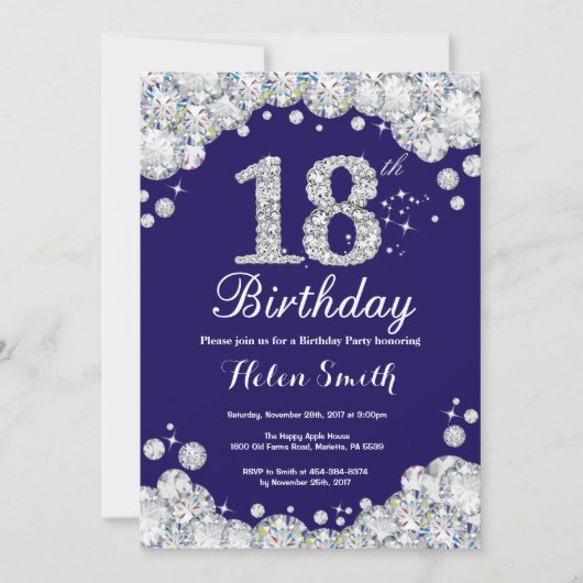 18. Geburtstag Navy Blue und Silver Diamond Einladung (Vorderseite)