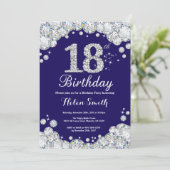 18. Geburtstag Navy Blue und Silver Diamond Einladung (Stehend Vorderseite)
