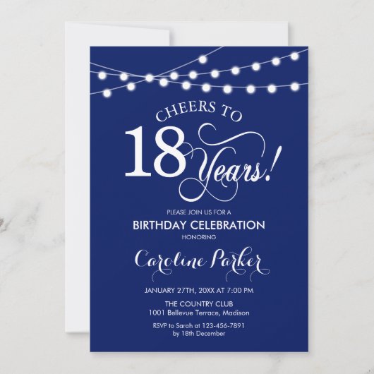 18. Geburtstag - Navy Blue White Einladung (Vorderseite)
