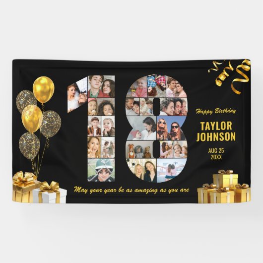 18. Geburtstag Nummer 18 Foto-Collage Schwarz Gold Banner (Horizontal)