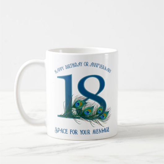 18. Geburtstag oder Jubiläum Pfauenfeder Kaffeetasse (Links)