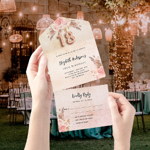 18. Geburtstag Pampas Gras Rose Rosa Blumensträuße All In One Einladung