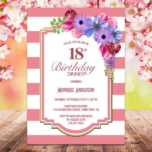 18. Geburtstag Pink gestreifte Blumen Abendessen P Einladung