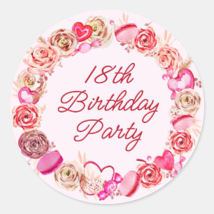 18. Geburtstag Pink Rose Wirbel Heart Envelope Runder Aufkleber