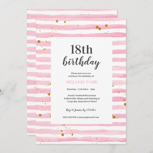18. Geburtstag Pink Stripe Party Einladung (Vorne/Hinten)
