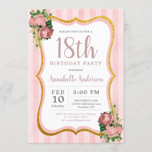 18. Geburtstag Pinker Streifen Floral Gold Glitter Einladung
