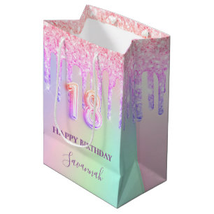 18. Geburtstag Rosa Glitzer Tropfen Regenbogenmono Mittlere Geschenktüte