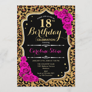 18. Geburtstag - Rosa Rosen Leopard Print Einladung