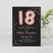 18. Geburtstag - Rose Gold Balloons Black Einladung (Stehend Vorderseite)