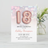 18. Geburtstag - Rose Gold Balloons Rosa Leuchten Einladung (Stehend Vorderseite)