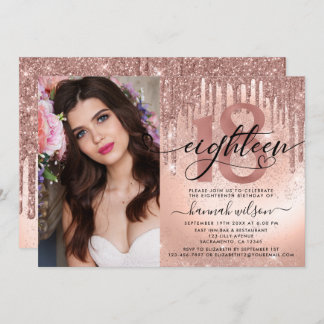 18. Geburtstag Rose Gold Foil & Glitzer Foto Einladung
