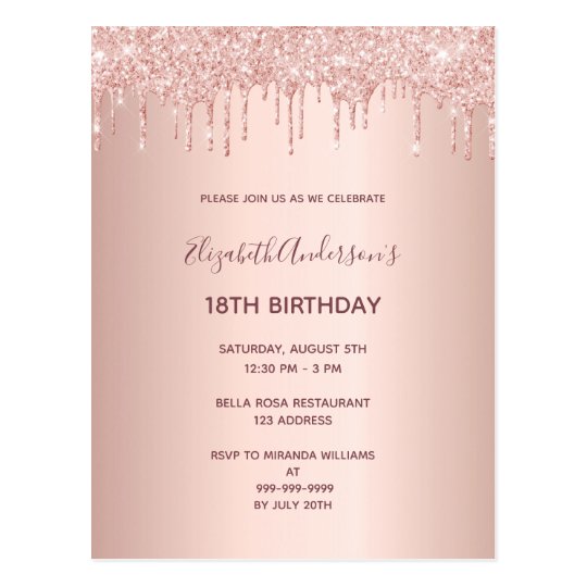 18 Geburtstag Rose Gold Glitzer Einladung Tropfen Postkarte Zazzle De