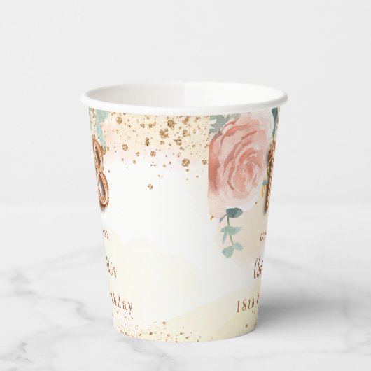 18. Geburtstag Rose Goldblumengrün Pappbecher (Links)
