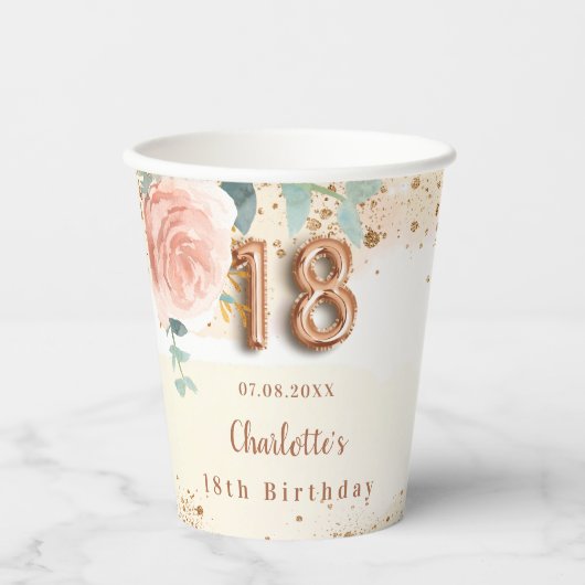 18. Geburtstag Rose Goldblumengrün Pappbecher (Vorderseite)
