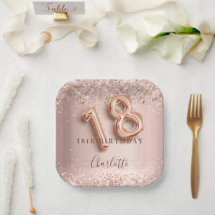 18. Geburtstag Rose Goldblüte Glitzer Name Pappteller