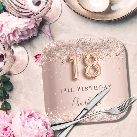 18. Geburtstag Rose Goldblüte Glitzer Name Pappteller