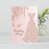 18. Geburtstag Rose Goldkleid Glitzer Tropfen Einladung (Stehend Vorderseite)