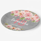 18. Geburtstag rot Blumen graues Holz rustikal Pappteller (Schrägansicht)