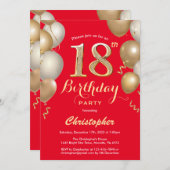 18. Geburtstag Rot und Gold Balloons Confetti Einladung (Vorne/Hinten)