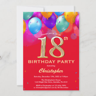 18. Geburtstag Rot und Gold farbige Ballons Einladung