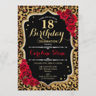 18. Geburtstag - Rote Rosen Leopard Print Einladung