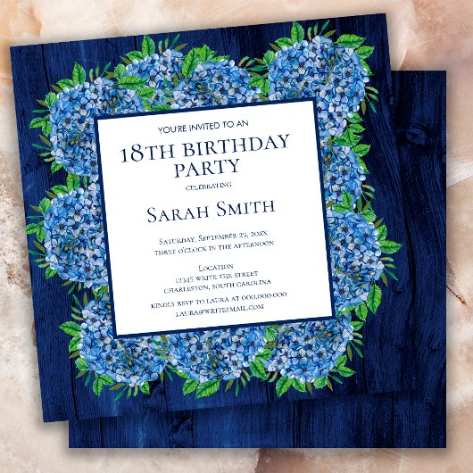 18. Geburtstag Rustic Wood Blue Hydrangeas Party Einladung
