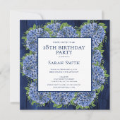 18. Geburtstag Rustic Wood Blue Hydrangeas Party Einladung (Vorderseite)