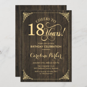 18. Geburtstag - Rustikales Holz Gold Einladung