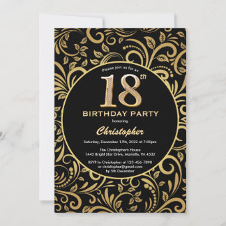 18. Geburtstag Schwarz und Gold Floral Muster Einladung