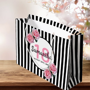 18. Geburtstag Schwarz-weiße Streifen rosa Rosen N Große Geschenktüte