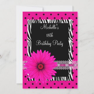 18. Geburtstag Schwarz-weiße Zebra Pink Spot Blume Einladung