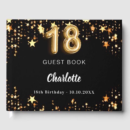18. Geburtstag schwarze goldene Sterne Gästebuch (Vorderseite)