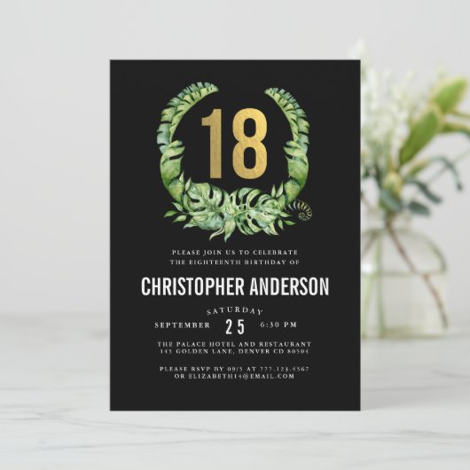 18. Geburtstag schwarze Goldjungen Einladung (Stehend Vorderseite)