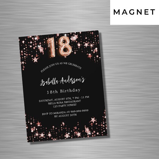 18. Geburtstag schwarze Rose Goldstars Luxus Magneteinladung
