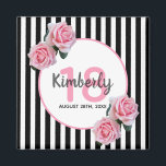 18. Geburtstag schwarze Streifen rosa Flora Magnet<br><div class="desc">Ein Magnet für eine 18. Geburtstagsparty. Klassische schwarz-weiße Streifen als Hintergrund. Mit mädchenhaften und femininen rosa Rosen als Dekoration. Ein weißer und rosa Rahmen vorne mit Vorlage für Alter, Name und Datum. Altersnummer in rosa, Name und Datum in schwarz. Der Name wird mit einem handgeschriebenen Stilskript geschrieben. Kann als Pfand,...</div>