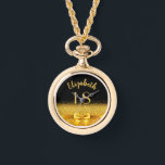 18. Geburtstag schwarzer goldener Name elegant Armbanduhr<br><div class="desc">Elegant,  klassisch,  glamourös und feminin. Ein Imitat mit goldfarbenem Bogen und Band mit goldenem Glitzer und Funkeln,  ein bisschen Bling und Luxus für ein Geburtstagsgeschenk oder Sake. Schwarzer Hintergrund. Vorlagen für ihren Namen und das Alter von 18 Jahren. Der Name ist mit einem modernen handgeschriebenen Stilskript geschrieben.</div>