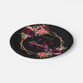 18. Geburtstag schwarzes Gold Geo Blumenburgund Pappteller (Schrägansicht)