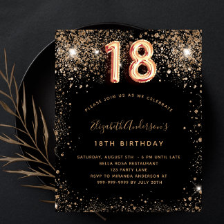 18. Geburtstag Schwarzes Gold Glitzer Einladung Flyer